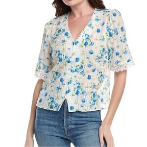 Nanette Lepore Blue Floral Lace Swiss Dot Blouse